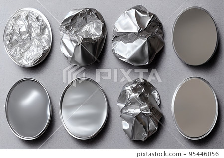 Realistic set of glossy silver round panels isolated on silver background. Realistic set of glossy silver round panels isolated on silver background. 95446056