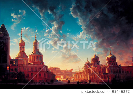 Old painted church in old town paint. Panorama city street buildings picture. 95446272