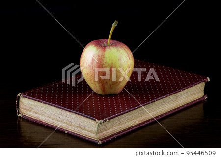 Apple on Old Book on a Polished Wooden Shelf Apple on Old Book on a Polished Wooden Shelf 95446509