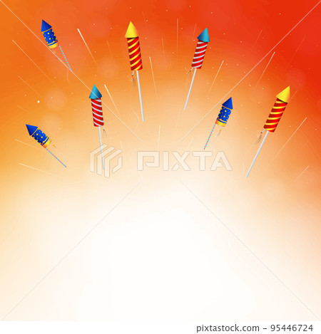 Flying colorful festive fireworks rocket with space for your text. Bursting of fireworks. Fireworks set. 95446724