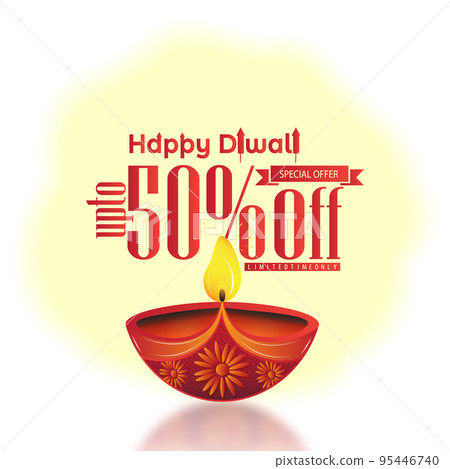 Special offer up to 50% on Diwali sale. Large diya oil lamp with creative Happy Diwali text design on white background. Festive sale, offer, discount concept 95446740