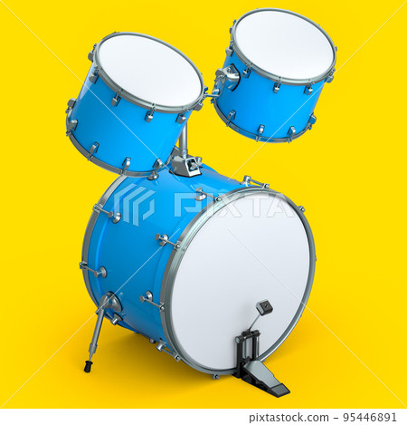 Set of realistic drums with pedal on yellow. 3d render of musical instrument Set of realistic drums with pedal on yellow. 3d render of musical instrument 95446891