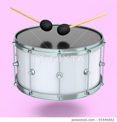 Realistic drum and wooden drum sticks on pink. 3d render of musical instrument Realistic drum and wooden drum sticks on pink. 3d render of musical instrument 95446892
