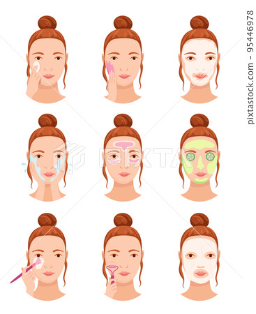 Face skin care. Different facial cleaning procedures. Girl cares about her face. Skin care routine, simple woman face with different facial procedures banner 95446978