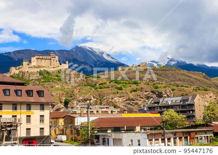 View of Tourbillon Castle and Valere Basilica in Sion, Switzerland 95447176