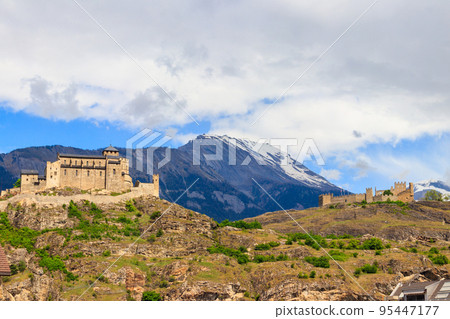 View of Tourbillon Castle and Valere Basilica in Sion, Switzerland View of Tourbillon Castle and Valere Basilica in Sion, Switzerland 95447177