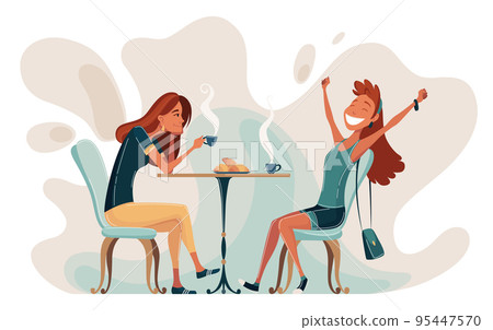 Two young females are sitting at table and talking in cafe. Meeting women in public place, having tea or coffee in restaurant, conversation. Spending time together at coffee break Two young females are sitting at table and talking in cafe. Meeting women in public place, having tea or coffee in restaurant, conversation. Spending time together at coffee break 95447570