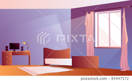Boy bedroom. Room interior with computer table and uncovered bed. Furniture cartoon vector illustration. Cleaning in child room Boy bedroom. Room interior with computer table and uncovered bed. Furniture cartoon vector illustration. Cleaning in child room 95447572