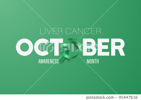 October. Liver Cancer Banner, Card, Placard with Vector 3d Realistic Emerald Green Ribbon on Green Background. Liver Cancer Awareness Month Symbol Closeup. World Liver Cancer Day Concept October. Liver Cancer Banner, Card, Placard with Vector 3d Realistic Emerald Green Ribbon on Green Background. Liver Cancer Awareness Month Symbol Closeup. World Liver Cancer Day Concept 95447616