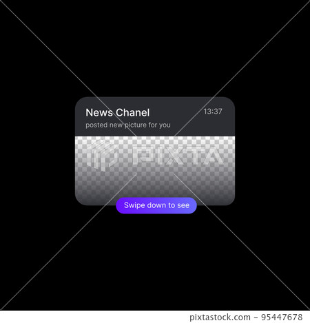 News Notification Banner Illustration. Social Media UI Concept. Empty Space to Add Image. Editable Tittle, Time and Status with Purple Swipe Down to See Button. Web Element for Mobile Applications News Notification Banner Illustration. Social Media UI Concept. Empty Space to Add Image. Editable Tittle, Time and Status with Purple Swipe Down to See Button. Web Element for Mobile Applications 95447678