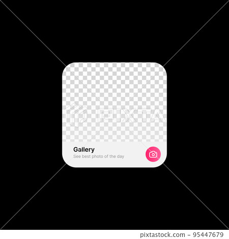 Photo Gallery Widget UI Concept on Black Background. Social Media Illustration. Editable Photo, Gallery Title and Text with Camera Icon in Pink Circle. Web Element for Mobile Applications 95447679