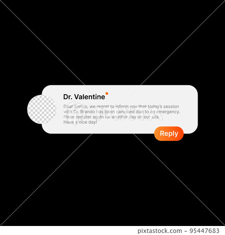 Incoming Inform Message Notification Banner Illustration. Social Media UI Concept on Black Background. Editable Name, Text and User Profile Icon with Reply Button. Web Element for Mobile Applications 95447683