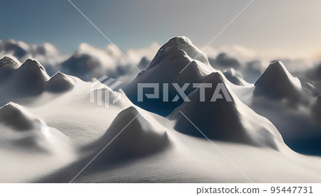 Beautiful snow covered mountain valley. White snow-covered realistic 3d mountains. Snowy mountain peaks. Digital illustration. Beautiful snow covered mountain valley. White snow-covered realistic 3d mountains. Snowy mountain peaks. Digital illustration. 95447731