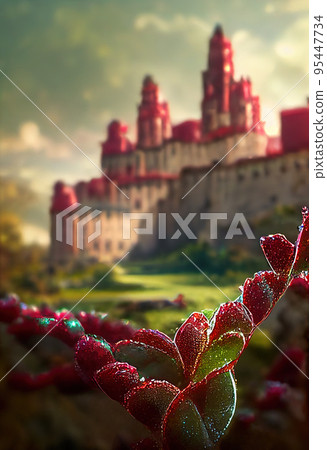 Fairytale plant on the background of the palace. Sparkling fabulous plants. Blurred castle. Digital illustration. 95447734