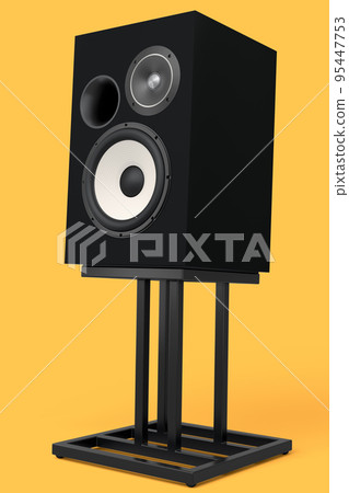 Hi-fi speakers with loudspeakers on stand on yellow background. 95447753