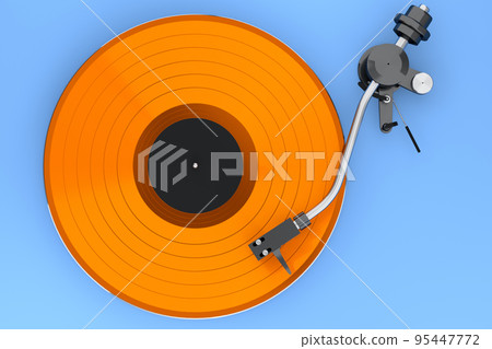 Vinyl record player or DJ turntable with retro vinyl disk on blue background. Vinyl record player or DJ turntable with retro vinyl disk on blue background. 95447772