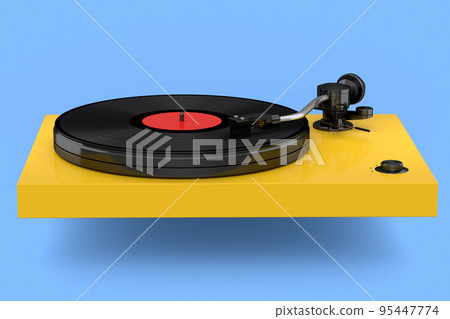 Vinyl record player or DJ turntable with retro vinyl disk on blue background. Vinyl record player or DJ turntable with retro vinyl disk on blue background. 95447774