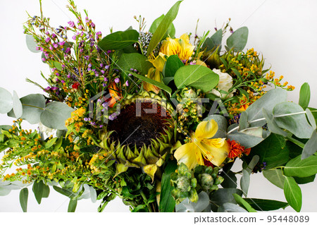 Trendy boho bouquet flower on white background. Boho set, floral design. Beautiful floral background. Trendy boho bouquet flower on white background. Boho set, floral design. Beautiful floral background. 95448089