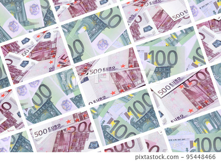 A collage of many images of hundreds of dollars and euro bills lying in a pile A collage of many images of hundreds of dollars and euro bills lying in a pile 95448466