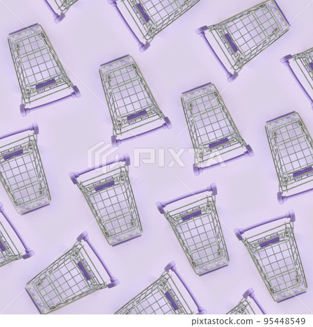 Pattern of many small shopping carts on a violet background. Minimalism flat lay top view Pattern of many small shopping carts on a violet background. Minimalism flat lay top view 95448549