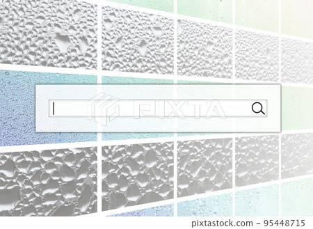 The search field is located on top of collage of many different fragments of glass, decorated with rain drops from the condensate. Rainbow colors 95448715