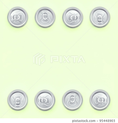 Frame of a many metallic beer cans on texture background of fashion pastel lime color paper Frame of a many metallic beer cans on texture background of fashion pastel lime color paper 95448903