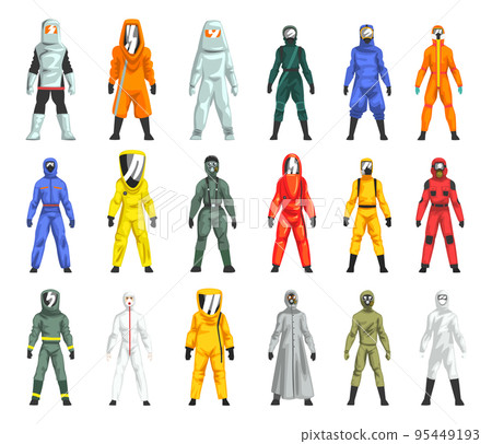 Man in Hazmat Suit as Personal Protective Equipment with Impermeable Garment Big Vector Set 95449193