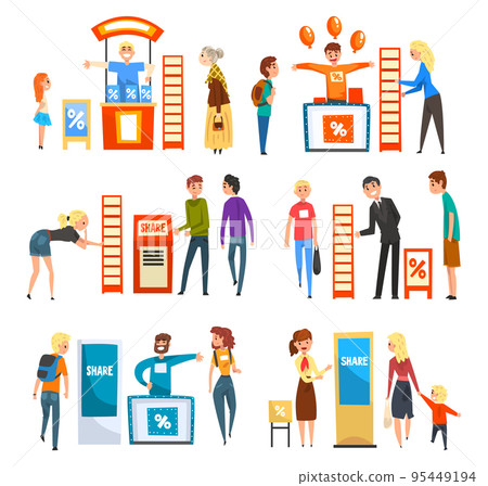 Promoters Advertising Products or Services to Walking People at Trade Show Big Vector Set 95449194