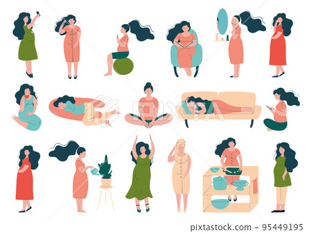 Pregnant Woman Lifestyle with Happy Expectant Mother During Pregnancy Engaged in Different Activity Big Vector Set 95449195