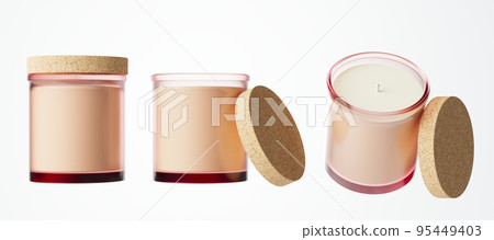 Different views of aromatic candle in glass jar with cotton wick and cork lid 3D render, branding and design ready commercial realistic wax container candle mock-up Different views of aromatic candle in glass jar with cotton wick and cork lid 3D render, branding and design ready commercial realistic wax container candle mock-up 95449403