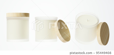 Different views of aromatic candle in frosted glass jar with cotton wick and wooden lid 3D render, branding and design ready commercial realistic wax container candle mock-up Different views of aromatic candle in frosted glass jar with cotton wick and wooden lid 3D render, branding and design ready commercial realistic wax container candle mock-up 95449408