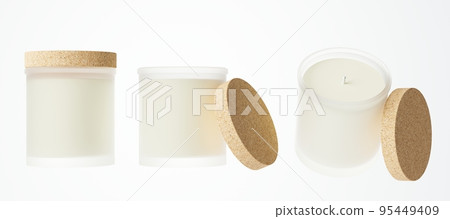 Different views of aromatic candle in frosted glass jar with cotton wick and cork lid 3D render, branding and design ready commercial realistic wax container candle mock-up Different views of aromatic candle in frosted glass jar with cotton wick and cork lid 3D render, branding and design ready commercial realistic wax container candle mock-up 95449409