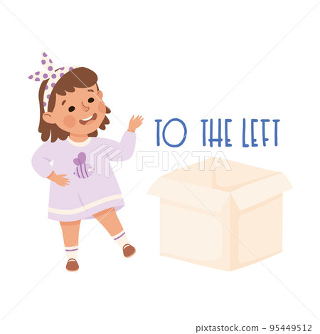 Little Girl Standing to the Left from Cardboard Box as Preposition Demonstration Vector Illustration 95449512