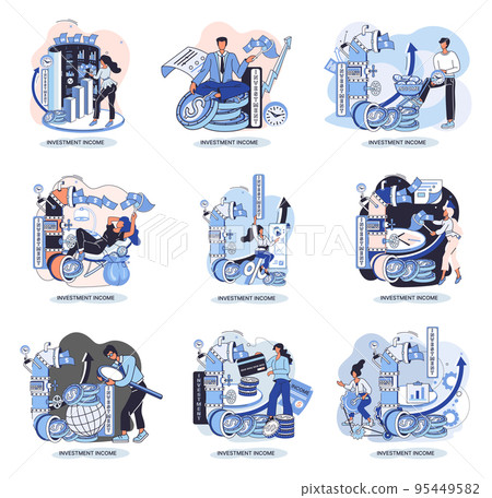 Investment, saving money and finance growth business concept metaphor. Woman analyzes charts and dividends 95449582