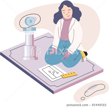 Female engineer examines machine scheme. Smart manufacture, development of production industry Female engineer examines machine scheme. Smart manufacture, development of production industry 95449583