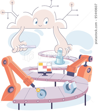 Manufacturing process, automated production line, delivery and distribution robots machinery industry 4.0 Manufacturing process, automated production line, delivery and distribution robots machinery industry 4.0 95449607