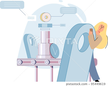 Manufacturing at automated production. Woman watching industrial conveyor equipment work process 95449619
