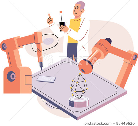 Manufacturing process at automated production industry. Scientist creates robot. Smart industry Manufacturing process at automated production industry. Scientist creates robot. Smart industry 95449620