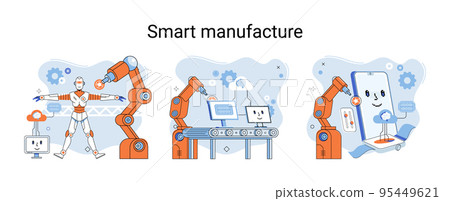 Smart manufacture metaphor with automated production line. Innovative contemporary smart industry Smart manufacture metaphor with automated production line. Innovative contemporary smart industry 95449621