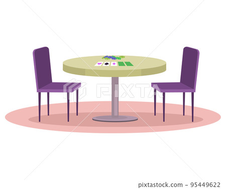 Table with cards and chips board game attributes and two chairs. Place to play logic games Table with cards and chips board game attributes and two chairs. Place to play logic games 95449622