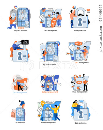 Big data analytics platform, data management and protection creative metaphor set abstract concept 95449665