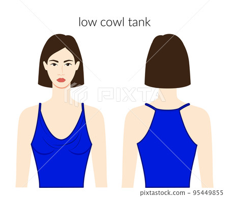 Low cowl neckline tank clothes character beautiful lady in blue top, shirt, dress technical fashion illustration fitted 95449855