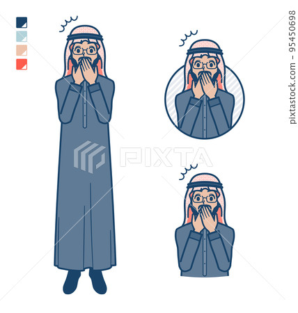 Illustration that an Arabian middle man wearing a black costume is surprised to hold his mouth 95450698