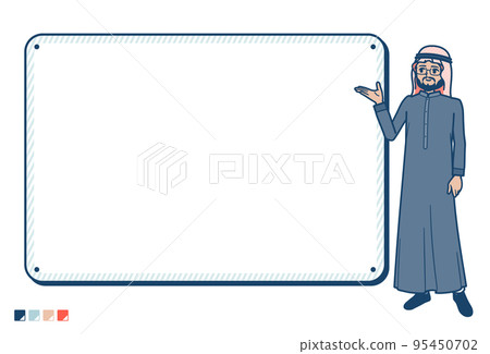 Illustration of an Arabian middle man wearing a black costume guiding a frame board 95450702