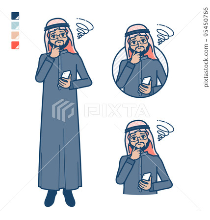 Illustration that an Arabian middle man wearing a black costume is in trouble with a smartphone Illustration that an Arabian middle man wearing a black costume is in trouble with a smartphone 95450766
