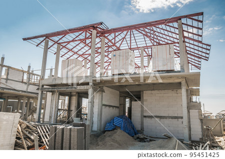 construction residential new house in progress at building site construction residential new house in progress at building site 95451425