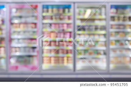 supermarket commercial refrigerators freezer showing frozen foods abstract blur background supermarket commercial refrigerators freezer showing frozen foods abstract blur background 95451705