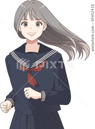 一名穿著水手服的長發女學生笑著奔跑的上身插圖 95452418