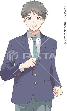 一名男學生穿著西裝外套，微笑著奔跑的上身插圖 95452419
