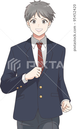 一名男學生穿著西裝外套，微笑著奔跑的上身插圖 95452420